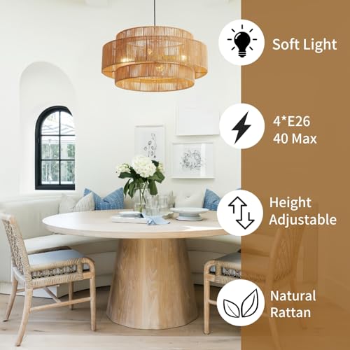 Image of 3-Tier Large Rattan Chandeliers, 23.6in Boho Coastal Pendant Lights, Hand Woven Hemp Rope Lighting Fixture, Wicker Hanging Ceiling Light for Living Room, Dining Room, Bedroom, Kitchen Island