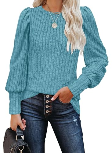MIHOLL Women's Puff Long Sleeve Shirts Casual Knit Blouses Crew Neck Elegant Tunic Tops