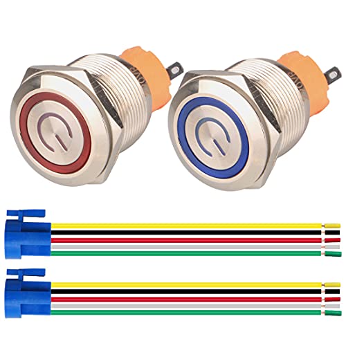 GUUZI 2pcs 22mm Interruptor de Botón Pulsador Autobloqueo 1NO1NC Acero Inoxidable Impermeable 220V-230V/5A Interruptor LED Iluminado con Enchufe de Cable Adecuado(Azul+Rojo) Cover