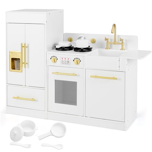 HOMASIS Cocina de Juguete de Madera, Cocina Infantil con Nevera, Máquina de Hielo, Lavavajillas, Estufa, Grifo, para Niños a Partir de 3 Años, Blanco