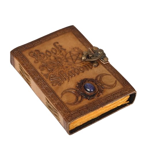 Book of Shadows Grimoire Journal - 200 Pages Antique Deckle Edge Paper, Triple Moon, Pentagram, Witch Journal Leather Cover with Semi Precious Stone Lock Closure Vinatge journal 7x5 Inch