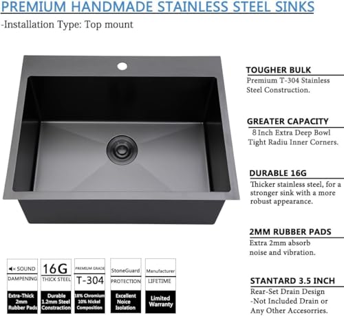 Image of SHACO 25x22 Black Drop In Kitchen Sink, 25 Inch Gunmetal Black Topmount Single Bowl 16 Gauge Stainless Steel Sink for Bar Prep RV Laundry Utility Small Kitchen