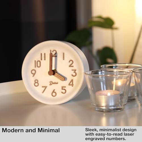 Driini Wooden Analog Desktop Clock – 4.3 in. Decorative Pinewood, No-Tick Design – Easy to Read Silent Sweep Mantle Clock – Quiet Tabletop Clocks with Wood Body, Hands, & Battery Cover; White - Thumbnail 6