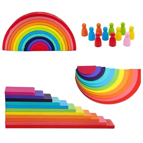 Kiuiom 4 Stück Regenbogen Holz Spielzeug Bausteine Regenbogen Block Stapeln Set Kleine Vorschule Stapeln Set Montessori Pädagogisches Spielzeug Educational Lernen für Kinder Montessori