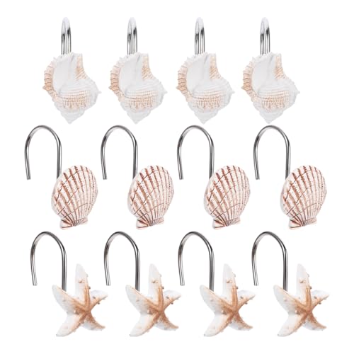 PRETYZOOM 12 Pack Seashell Shower Curtain Anti-Rust Hooks, Nautical Sturdy Resin Beach Rings for Bathroom Shower, Living Room, Bedroom Accessories
