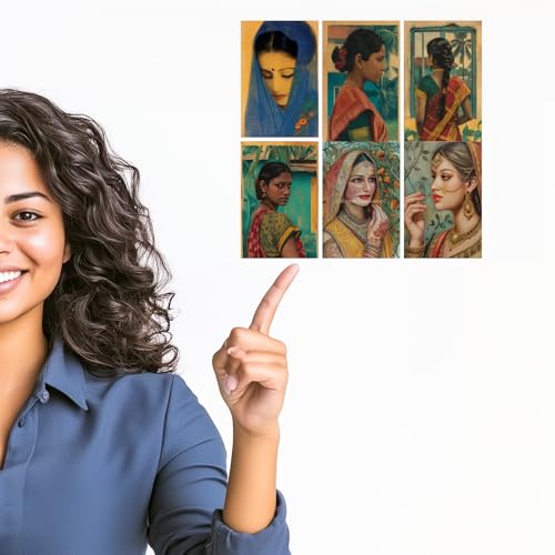 Image of SiddArtify Set of 6 Indian Women Art Prints - Portrait Paintings - Warm Color Palette - Set of 2-4x6 Inch - Board (Pack of 6) - Sticker (Pack of 6) Wall Room Decoration art Poster Prints