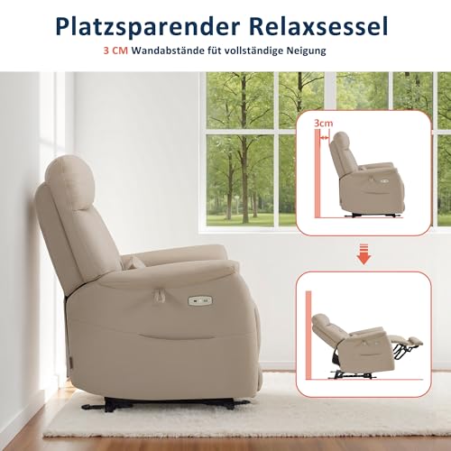 M MCombo Fernsehsessel Elektrisch Verstellbar, Relaxsessel mit Liegefunktion, Massagesessel 3 cm Wandnah, TV Sessel für Enge Räume, USB & Lendenkissen, Wohnzimmer, 7063 (Beigebraun) – Bild 5