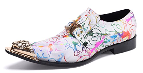 Santimon Mens Loafers Fashion Suits Gold Hardware Party Sleek Slip On Dress Metal Cap Toe Wedding Graphic Print Leather Shoes2