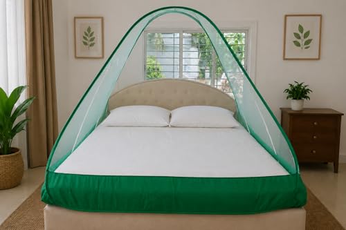 Image of Healthy Sleeping Mosquito Net | Double Bed | Supreme King Size Bed | Foldable Machardani with 2 Side Zipper Opening | Strong 30GSM Polyester Net | PVC Coated Steel Wire (Green)