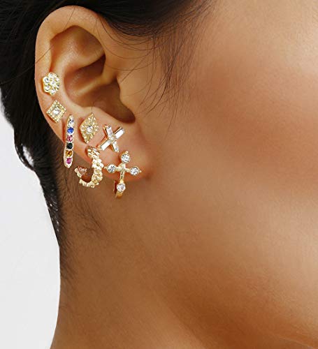 Chargances 12pcs Gold Stud Set for Women and Girls Gemstone Diamond Open Hoop Dangle Drop Jewelry for Her Party Earrings