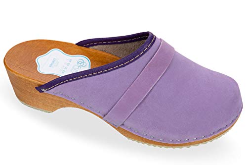 FUTURO FASHION Ladies Suede Clogs 100% Natural Leather Wooden Hand Made Shoes Garden