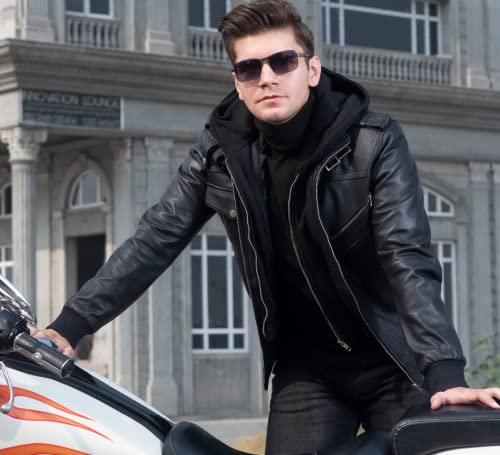 Lambskin Leather Motorcycle Jacket for Men - Genuine Leather Bomber Jacket with Removable Hood4