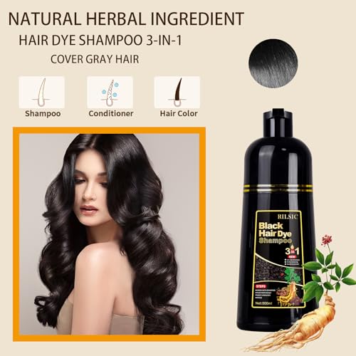 GFEUGS Haarfarbe Haarfärbeshampoo, 500ML Hair Dye Shampoo 3 in 1 Gegen Graue Haare, Hair Color Sofort Haarfarbe Shampoo Tönungsshampoo, Farbshampoo Haartönung für Männer Frauen (Schwarze)