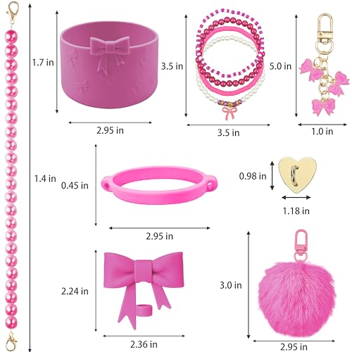 Hpebl 11PCS Fuchsia of Stanley Cup Accessories 30/40 OZ Water Bottle Tumbler Accessories Set Pearl Bow Charm for Stanley Decorations Including Bow Straw Topper, Pom Pom Keychain, Silicone Tumbler Boot - image 3