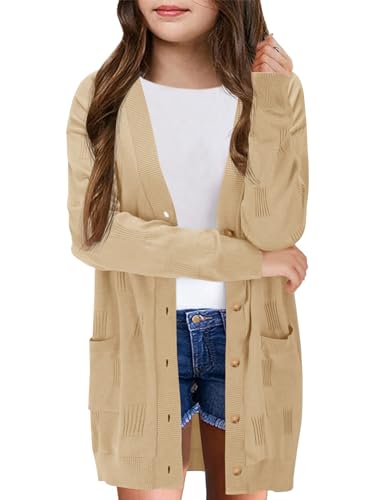 Image of Girls Cardigans Kids Fashion Open Front Long Sleeve Knit Sweaters Outerwear with Pockets 5-14 Years