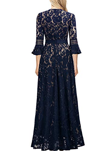 MISSMAY Women's Vintage Full Lace Contrast Bell Sleeve Formal Lon   g Dress, Large, Navy Blue