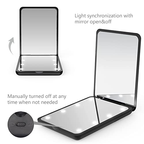 Wobsion Pocket Mirror, Led Compact Mirror,1X/3X Magnifying Mirror With Light,2-Sided Handheld Magnetic Switch Fold Mirror,Small Travel Makeup Mirror,Lighted Compact Mirror For Purse,Gifts(Black) #TOP2