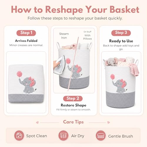 Image of Elephant Baby Laundry Basket for Girl Nursery, Pink Rope Hamper, 20x15 in