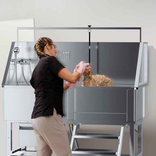 Image of 46 inch Dog Washing Station, Professional Stainless Steel Dog Bathtub w /Ramp & Storage Drawer, Adjustable Grate, Non-Slip Design, Perfect for Home Grooming & Large Dogs (46 inch Right Stair)