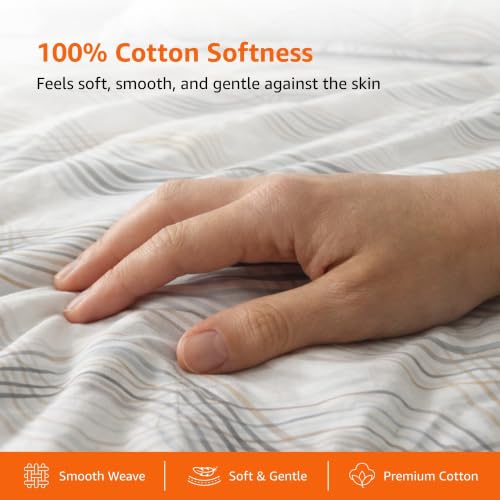 Image of Amazon Basics - 100% Cotton Fitted Bedsheet | 144TC |Fitted Queen Bed Sheet with 2 Pillow Cover|Soft Cotton | Geometric Print | 78 Inch x 60 Inch - 8 Inch Drop, Beige