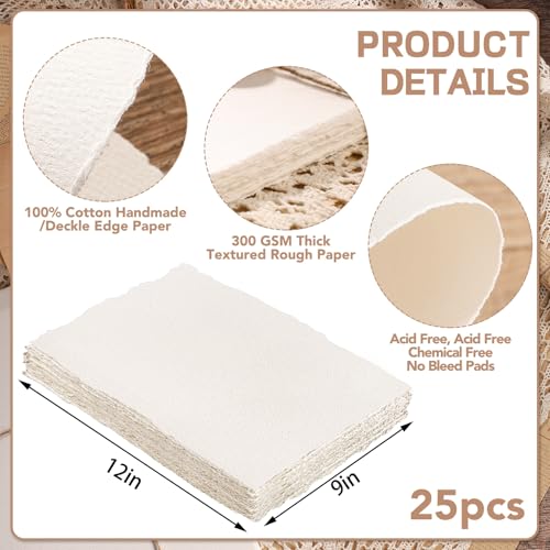 Image of 25 Sheets Watercolor Paper 9X 12, 300 GSM Deckled Edge Paper Rough /Textured Handmade Paper for Watercolors, Wedding Invitations, Cards, Crafts