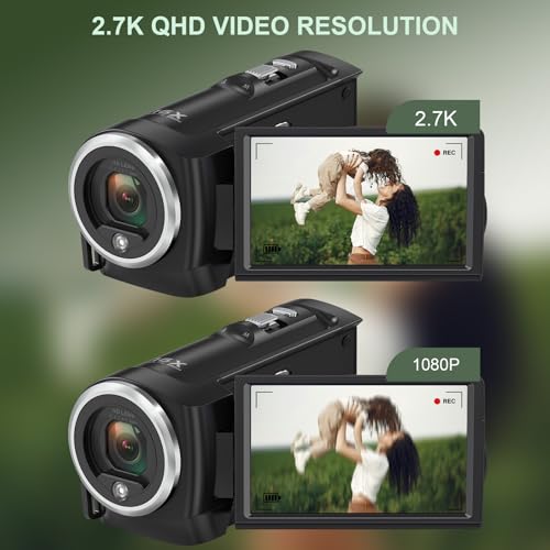 Image of 2.7K Video Camera Camcorder QHD 56MP YouTube Vlogging Camera Webcam 16X Digital Zoom with 32G SD Card 270 Degree Rotation Screen Camcorders and 2 Batteries Recording While Charging