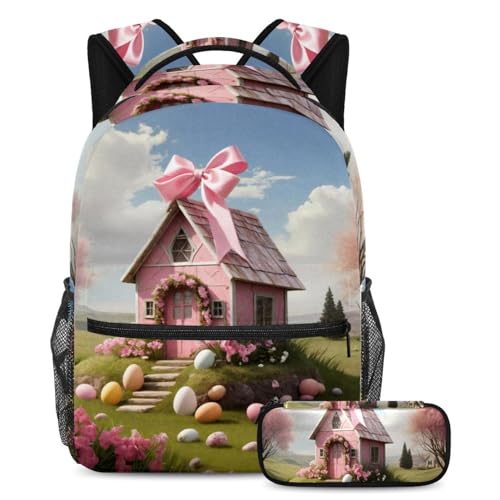 Cartable rose motif maison de Pâques avec sac à dos et trousse pour école