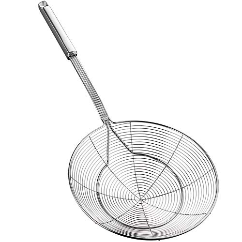 Écumoire en acier inoxydable avec poignée pour frire et servir les aliments, les pâtes, les spaghettis, les nouilles (diamètre : 20 cm ; longueur totale : 45 cm)