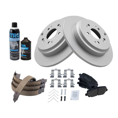 Image of TRQ Rear Brake Pad & Rotor Kit, with Chemical Kit Parking Brake Shoe Set Ceramic Premium G-Coated Compatible with 2007-2013 Acura MDX 2010-2013 ZDX 2009-2015 Honda Pilot