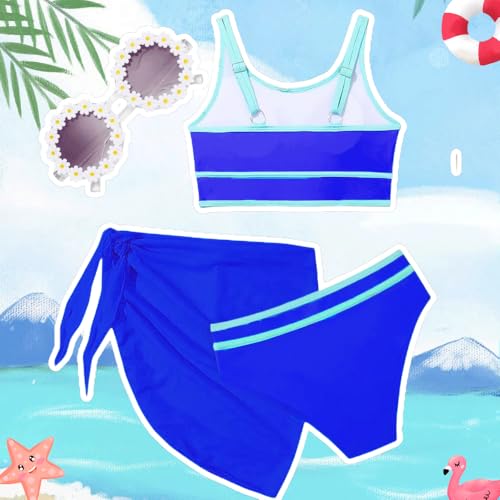Image of Teen Girls Swimsuit High Waist Sporty Bikini Bathing Suits with Cover Up Skirt and Sunglasses 4 Piece Set 8-15 Years