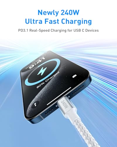 Huukein 240W USB C à USB C Câble 10 ft, long USB Charge rapide de câble C à C, USBC Cord de chargeur pour iPhone 17 Air 16 15 Pro Max, pour MacBook Pro et plus encore
