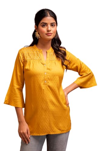 Image of Juniper Mustard Polka Dot Viscose Tunic with Thread Work, Mirror & Button Detailing