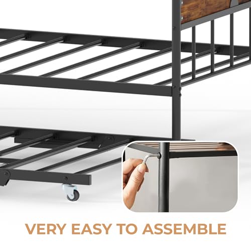 Image of Garvee Twin Daybed with Trundle, Twin Bed Frame with with Stylish Headboard, Heavy Duty Steel Slats Platform for Living Room, Bedroom, Brown