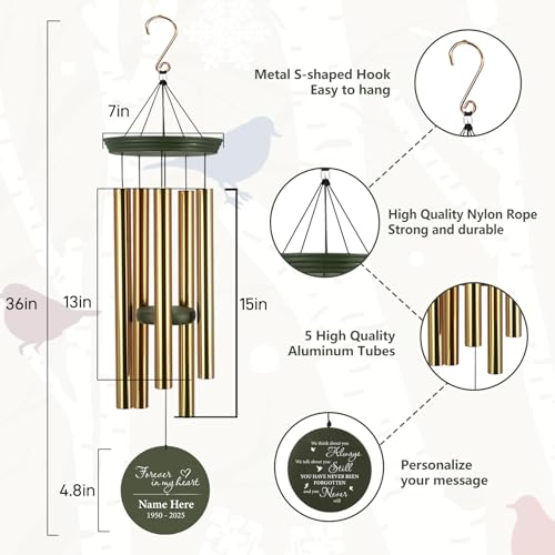 Image of ASTARIN Personalized Memorial Wind Chimes, 30inch /36inch Memorial Wind Chimes, Custom Sympathy Gifts in Loving Memory of Dad /Mom, Condolences Wind Chime for Loss of Loved Ones(Produced in Texas)