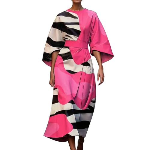 AMDOLE Damen Elegant Abstrakter Druck Abstrakter Kunstdruck Midikleid 3/4 Ärmel Kleid Leinen Wickelkleider, hot pink, 50
