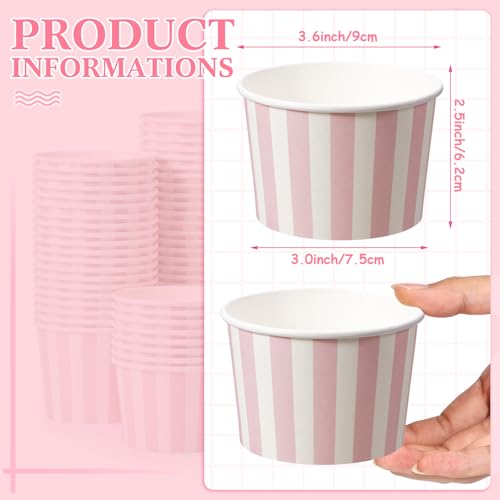 Image of Zopeal 50 Count Light Pink Striped Ice Cream Cups Disposable Dessert Bowls | 9 oz Paper Ice Cream Bowls, Birthday Party Supplies, Snack Cups Sundae Picnic Yogurt Bowls for Food