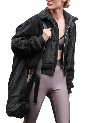 Womens Winter Trendy Full Zipper Fleece Jackets Long Sleeve Relaxed Warm Sherpa Coats with Pockets