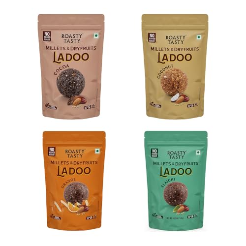 Image of Roasty Tasty Sugar Free Assorted Pack of Millet & Dryfruit Ladoo - 4 Flavours - 120g each - Orange, Cocoa, Coconut, Elaichi - 480g