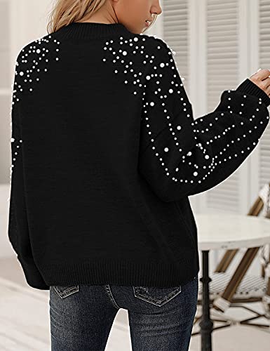 Blooming Jelly Women's Chunky Sweater Crewneck Sweatshirt Knit Lantern Sleeve Oversized Pullover Sweater With Pearls (Small,Black) #TOP2
