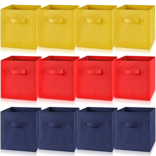 Yinder 12 Pcs Cube Storage Bin 10.5''x10.5''x11'' Storage Bins for Playroom Decor Colorful Bins for Kids Foldable Baskets for Nursery Organizer Boxes Fabric Boxes(Navy Blue, Red, Yellow)