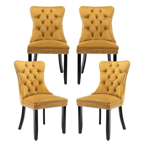 MZDOO Velvet Dining Chairs Set of 4, Tufted Upholstered Dining Room Chairs with Back Ring Pull, Nailhead Trim and Solid Wood Legs, Modern Dining Chairs for Dining Room, Kitchen(Gold)