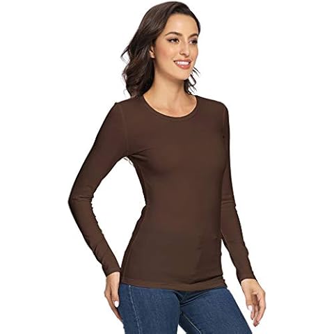 VIIOO Women's Basic Long Sleeve Crew Neck T-Shirt Solid Slim Cotton Top(Brown/O-Neck,L) Cover