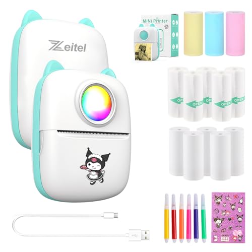 Image of ZEITEL Mini Bluetooth Thermal Printer with LED, Portable Label Inkfree Mini Printer for Android & iOS System, Black on White Thermal Printer with 13 Roll of Paper, 5 Color Pen, 1 Kuromi Sticker, Blue