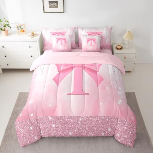 Image of Feelyou Kids Pink Bowknot Comforter Set with Sheets Queen Size, Personalized Initial I Bed in A Bag Princess Glitter 7 Pieces Bedding Set Boys Girls Bow Alphabet Teens Bed Set Bedroom Decor 7Pcs