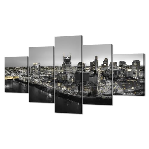ARNLRDYA Canvas Print Nashville Skyline Wall Art Tennessee Cityscape Wall Decor Nashville Panoramic Picture Night View Painting Black and White Poster for Home Decor Frame Ready to Hang(60”Wx32”H)