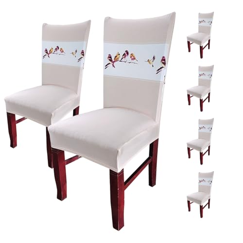 Image of House of Quirk Elastic Chair Cover Stretch Removable Washable Short Dining Chair Cover Protector Seat Slipcover (Pack of 6, Beige Bird)