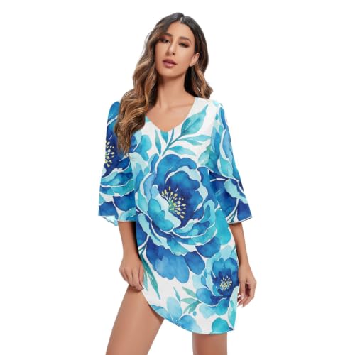 Robe d'été évasée col en V imprimé fleurs bleues aquarelle chic pour femme