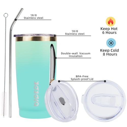 Image of BJPKPK 20oz Coffee Tumbler with Lid & Straw, Insulated Stainless Steel Mug | Double Wall Vacuum, Keeps Hot /Cold, BPA Free, Leak Proof, Iced Coffee Cup Fit Car Holder, Travel & Beach, Mint