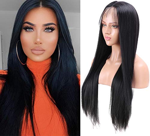 13x6 Lace Front Wigs with Baby Hair 26 Inches Long Straight Black Synthetic Wigs Pre Plucked Hairline Free Part Wig for Women