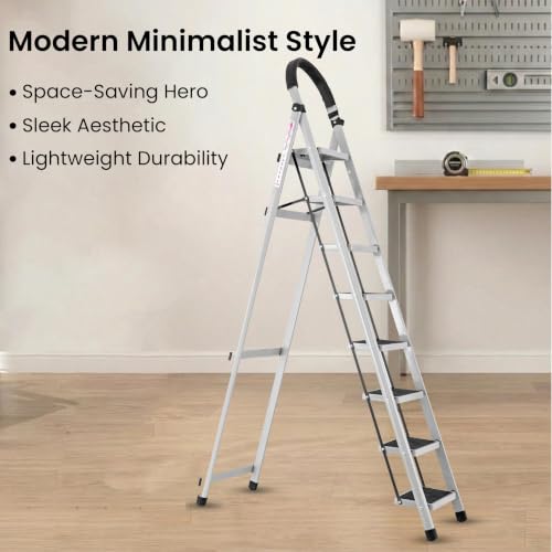 Image of Casa Copenhagen White 8 Step Ladder for Home Use with Built-in Tool Tray | Heavy Duty D Shape Rods | Ultra Large Platform | Wide Rubber Feet | 150Kg Capacity Foldable Ladder - 7 Years Warranty